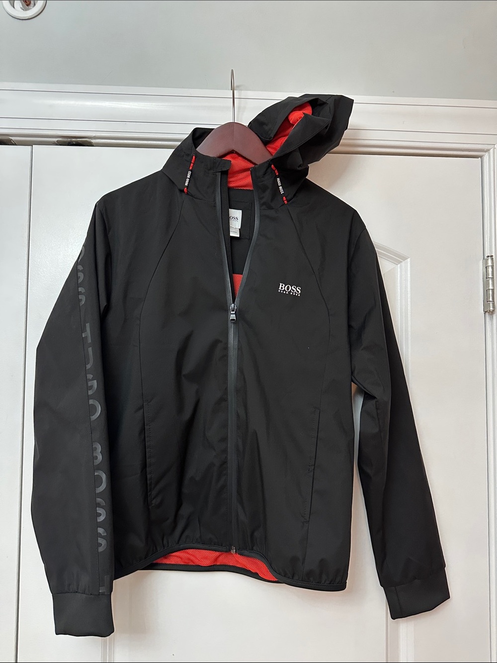 BOSS Black Hooded Windbreaker with Red Lining